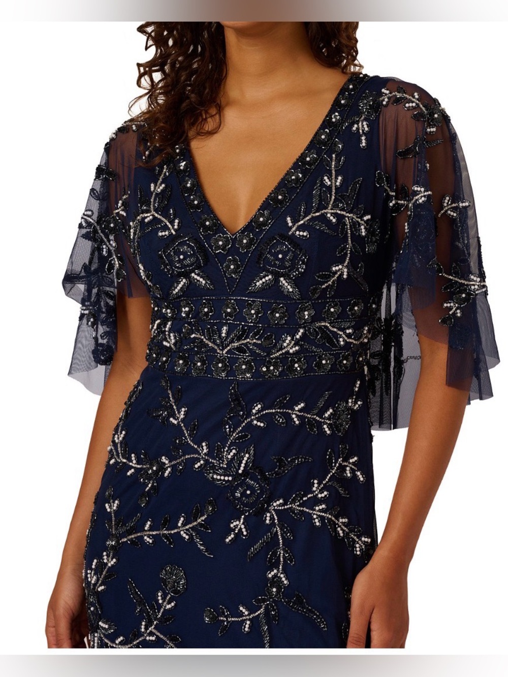 ADRIANNA PAPELL Navy Blue Beaded Mesh Blouson Column Gown. Size 8. NWT. - Picture 6 of 7